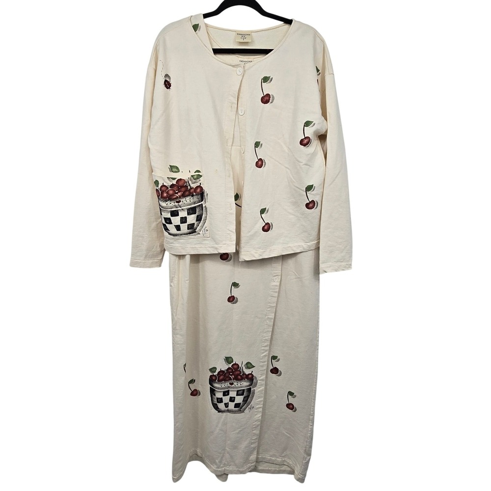 Vintage‎ 90s Hand Painted Cherry Dress Cardigan 2pc Set Womens M Country Prairie